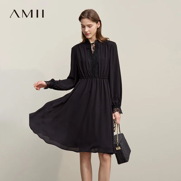 Amii Women's Autumn Dresses 2026 New Elegant Lace Splicing Strap Dress Woman Rubber Waist-fitted Chiffon Midi Skirt 12611020