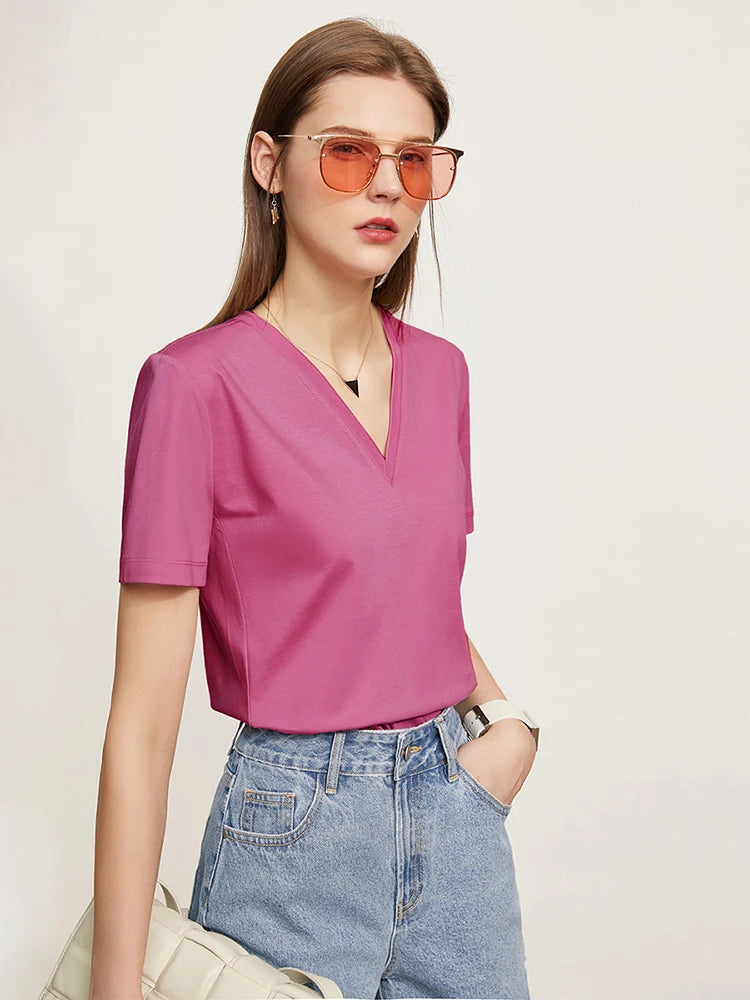 អាវយឺត Amii Minimalism 2025 សម្រាប់នារី អាវរដូវក្តៅថ្មី ក V ដៃខ្លី កប្បាស ធម្មតា ម៉ូដសាមញ្ញ 12422141