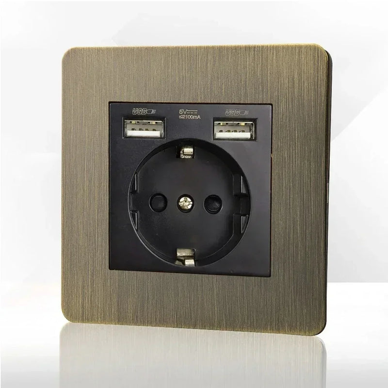 Retro EU FR Metal Panel Wall Toggle Light Switch Socket plug,Bronzed Antique Stainless Steel German 16A Socket with USB Charging