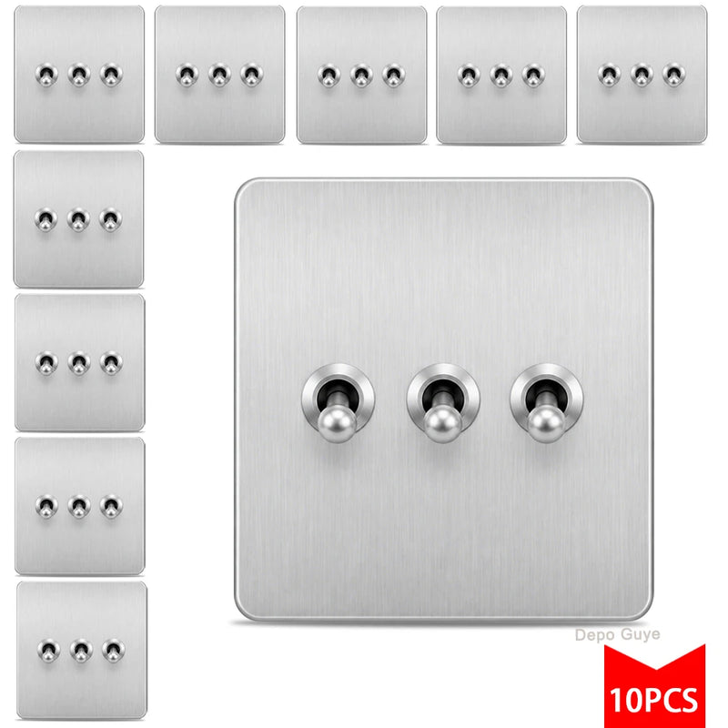 5/10PCS Toggle Wall Switch Grey Stainless Steel ,1/2/3/4 Gang 2Way Light Brass Lever Switch Panel For Home Improvement