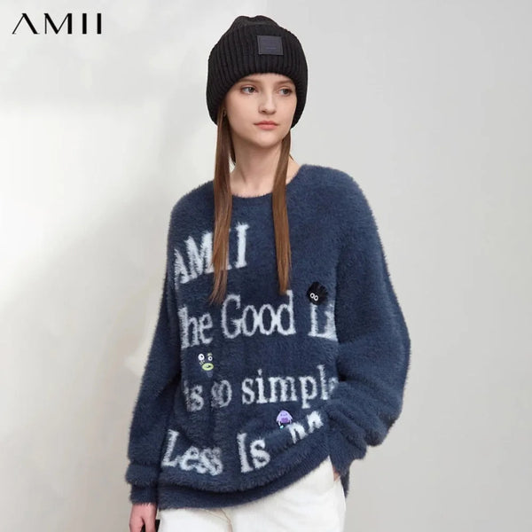 AMII Minimalist Sweater for Woman 2026 Winter New O-neck Versatile Women's Sweater Jacquard Embroidered Pullover Tops 12454022