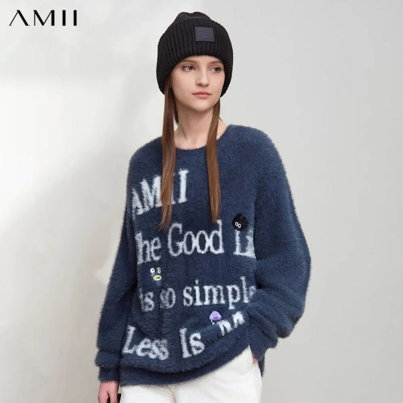 AMII Minimalist Sweater for Woman 2026 Winter New O-neck Versatile Women's Sweater Jacquard Embroidered Pullover Tops 12454022