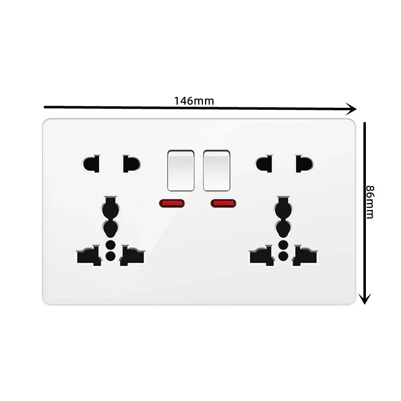 White Universal Double 5-pin Wall Power Outlet, Electrical Switch with Socket, 220V 10-pin Plug Socket with LED Indicator Light