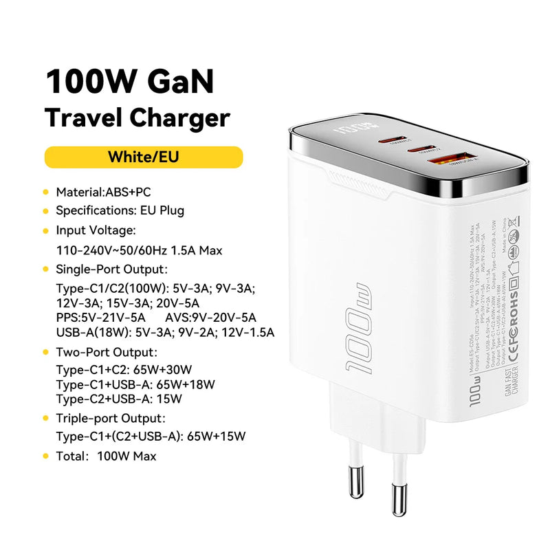 ឆ្នាំងសាក Essager 100W GaN USB Type C ឆ្នាំងសាកឌីជីថល PD QC ឆ្នាំងសាក USB ចល័តសម្រាប់ iPhone 17 16 15 Xiaomi Macbook Laptop