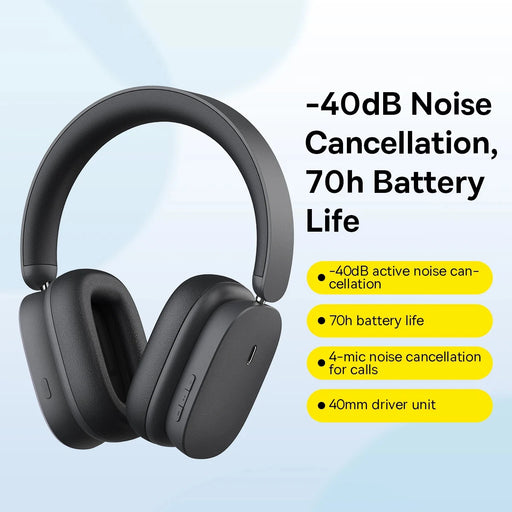 Baseus H1 ANC Wireless Headphones Hybrid 40dB Earphone Bluetooth 5.2 4-mics ENC 40mm Driver Over the Ear Headsets 70H Playtime