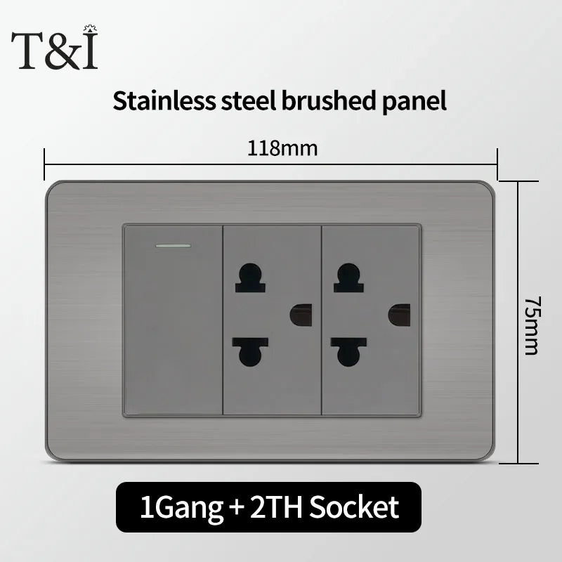 T&I 118 Premium Stainless Steel Brushed Wall Socket with USB Type - C, US Switch, Thai Plug for Home & Office Use