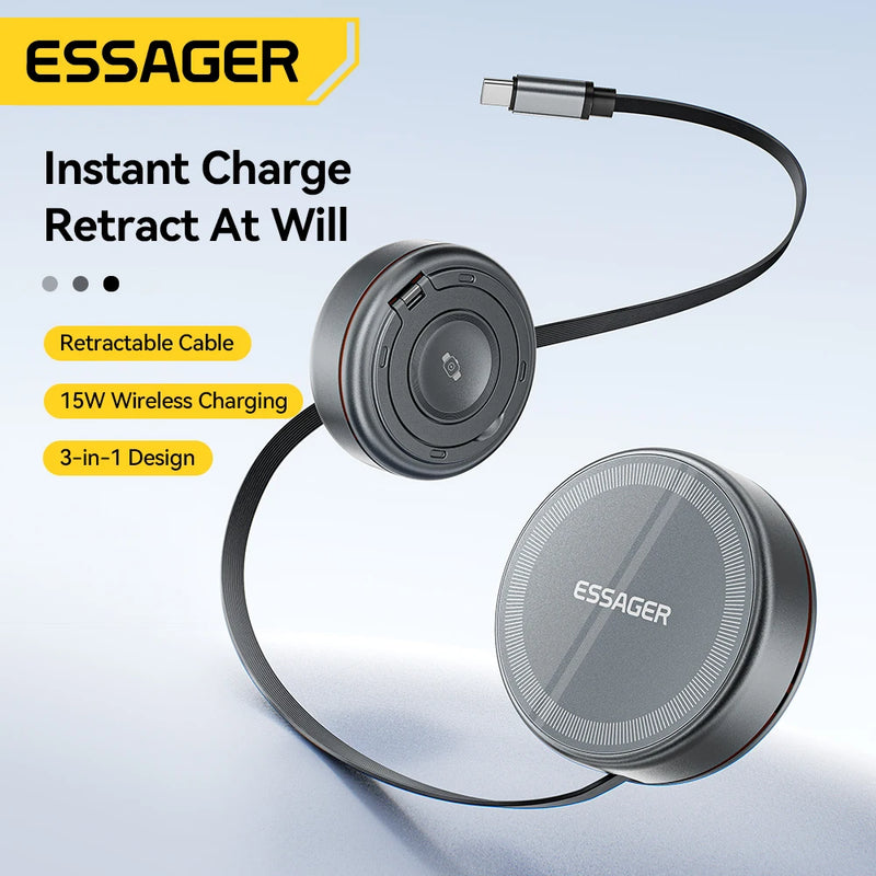ឆ្នាំងសាកឥតខ្សែ Essager 15W 3 ក្នុង 1 ជាមួយខ្សែប្រភេទ C ដែលអាចដកបានប្រវែង 96 សង់ទីម៉ែត្រ សម្រាប់ iPhone 16 15 14 13 Pro Max Airpods នាឡិកា