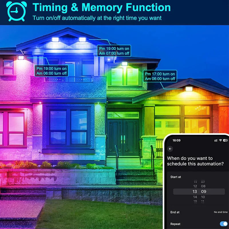 RGB LED Flood Light Bluetooth APP Control Smart Floodlights Timing Music Sync IP66 Waterproof Landscape Lighting with EU Plug
