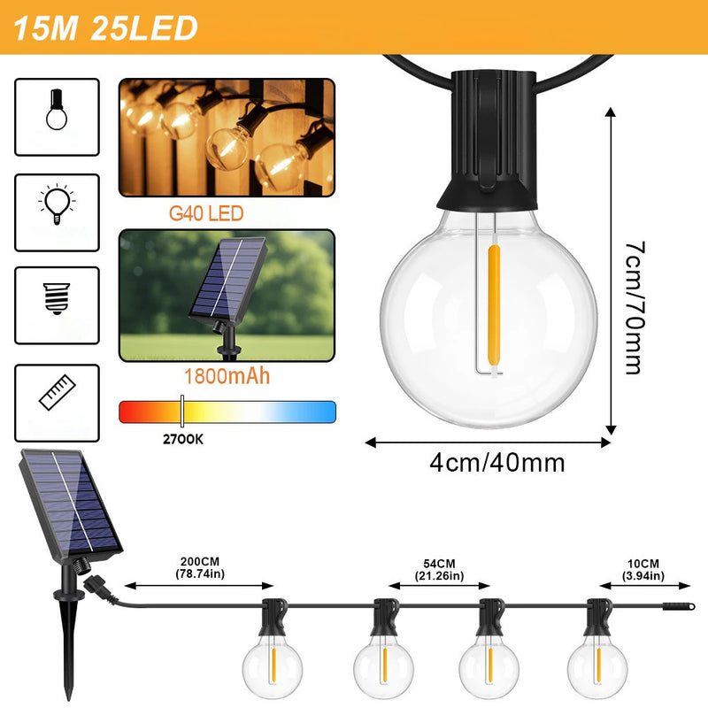 ភ្លើង LED ខ្សែ G40 ដំណើរការដោយថាមពលព្រះអាទិត្យ អំពូលបាល់ធន់នឹងការបែក IP54 ធន់នឹងទឹកសម្រាប់ទីធ្លាសួនច្បារ ការតុបតែងភ្លើងបំភ្លឺសម្រាប់បោះតង់