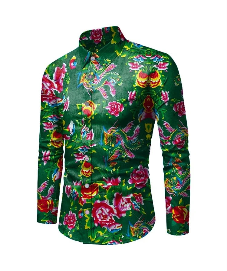 2026 Chinese Style Bright Men's Red Print Long Sleeve Shirt, Single Breasted Lapel Shirts, Green Black Fashion Casual Camisa