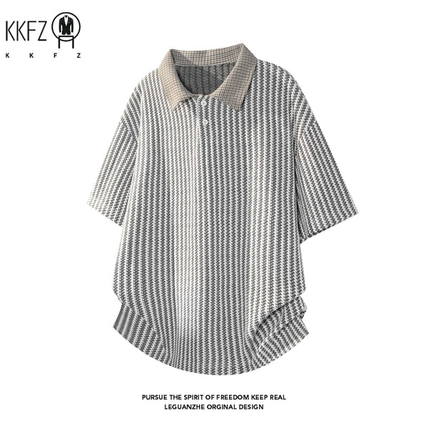 Mens Textured Knit Short Sleeve Polo Top Contrast Collar Oversized Cutting Suitable For Vacation Dating And Casual Scenes