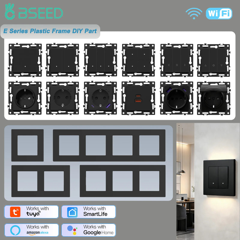 BSEED 1/2/3/4Gang WIFI Click Button Switch Part Plastic Frame Smart Curtain Switch Function Part EU Smart Socket DIY Combination