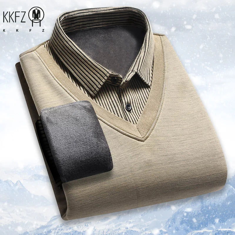 Mens Long Sleeve Collared Pullover Fake Vest Knit Design Full Fleece Lined Vertical Stripe Thermal Cold Weather Business Attire