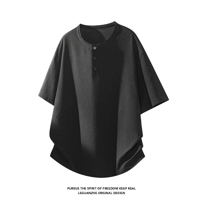 Men Linen Blend Henley Button Collar Short Sleeve Tee Oversized Silhouette Top For Everyday Summer Casual Commute Dressing