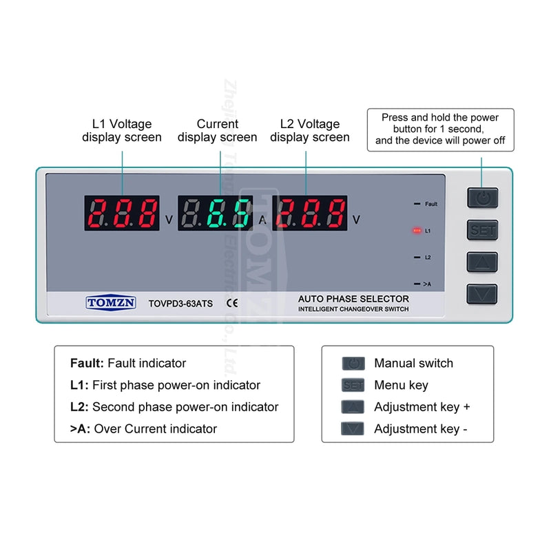 TOMZN Dual Power Automatic Transfer Switch Relay Over Under Voltage Current Protection with LED Display and Overload Cut Off