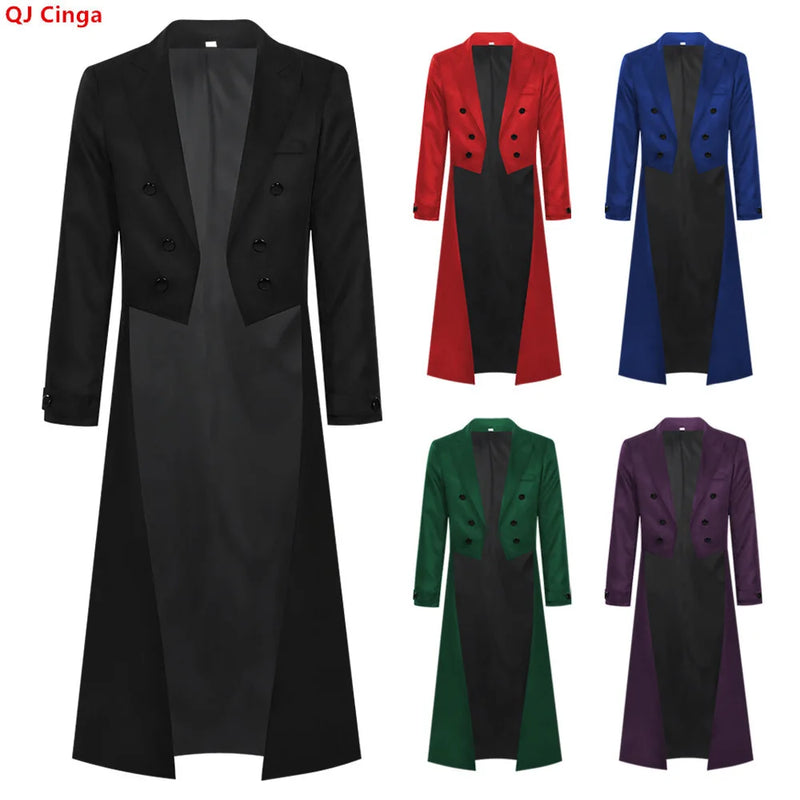 Men's Punk-style Black Tailcoat, Red Double-breasted Trench Coat, Available in Blue and Green.