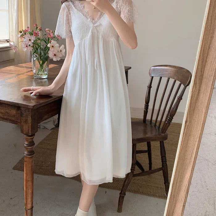Lace Modal Mesh Summer Night Dress Woman Court Princess Nightdress Loungewear Sleepwear Women's Nightgowns Homewear Nightwear