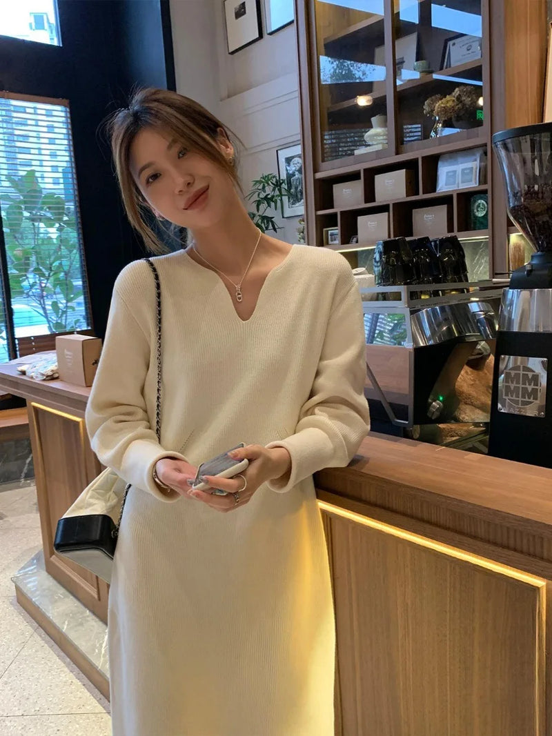 Fashion Knitting Woman Clothes Slim Middle-long Sweater Dress Bottom Wear Autumn Winter V Neck Long Sleeve Pullovers Jumper