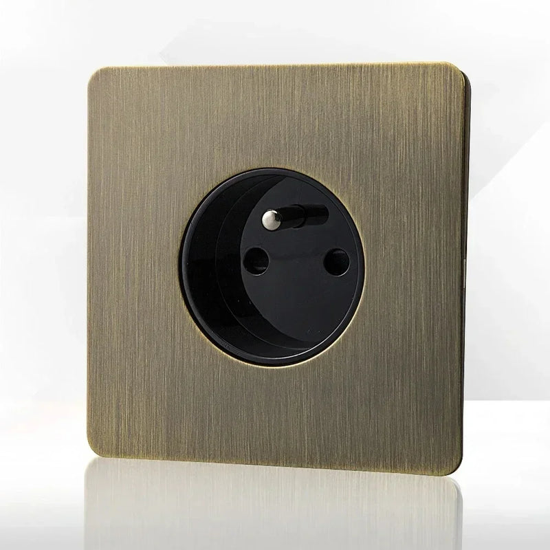 Retro EU FR Metal Panel Wall Toggle Light Switch Socket plug,Bronzed Antique Stainless Steel German 16A Socket with USB Charging
