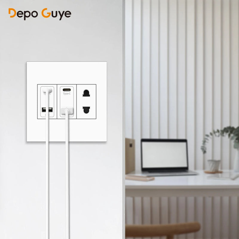 EU RU UK Standard USB Type C Port Power Wall Socket,Universal usb type c 220V Electrical Socket,White Power Outlet with 2holes