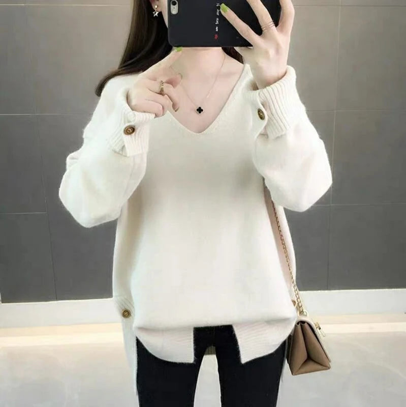 Oversized Autumn Winter Korean Women's Sweater Loose Knitted Jumper V Neck Long Sleeve Top Female Thick Warm Pullover Knitwear