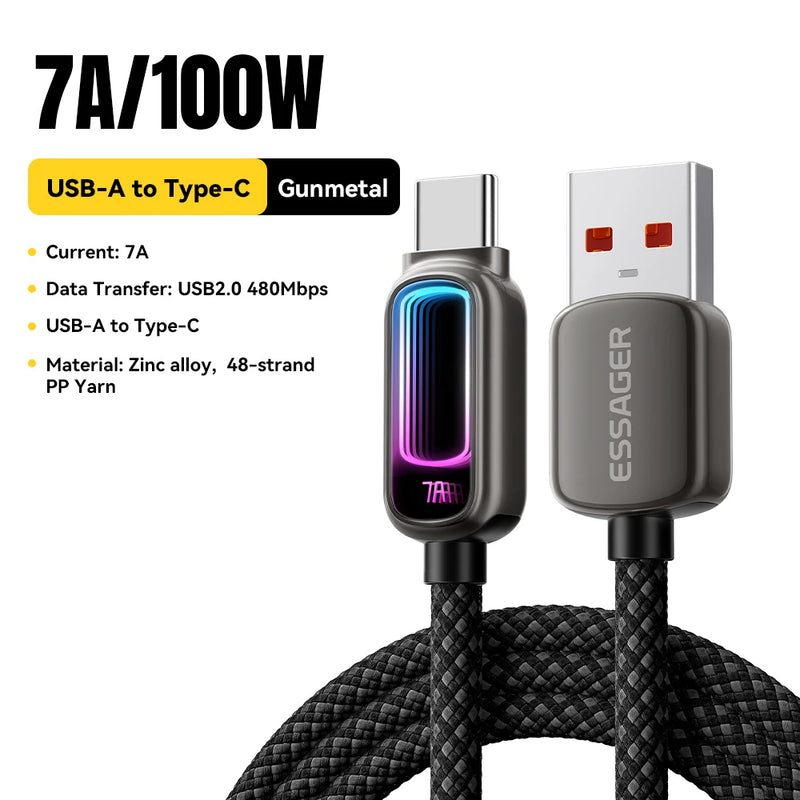 Essager 7A USB Type C Cable For Realme Xiaomi Huawei OPPO 100W PD Fast Charging Cable For MacBook Laptop iPhone 17 iPad Samsung