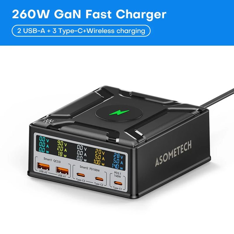 ស្ថានីយសាកថ្មឥតខ្សែ 5 រន្ធ USB C លឿន 260W ឆ្នាំងសាកឥតខ្សែ 140W PD3.1 USB C GaN ជាមួយអេក្រង់ LCD សម្រាប់ MacBook IPhone 14 13