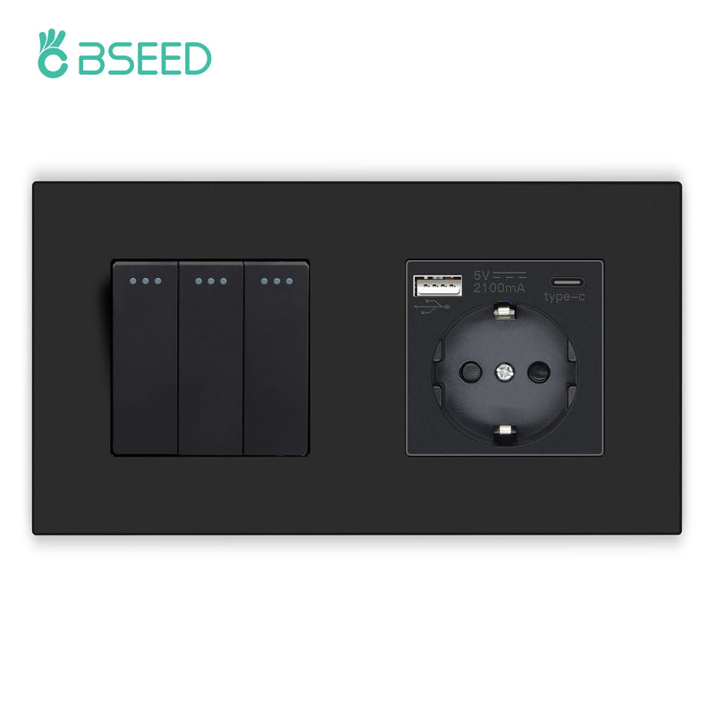 BSEED Mechanical Button Switches With Power Socket 1/2/3Gang 1Way Plastic Panel Electrical Outlets USB Type-C Wall Socket 16A