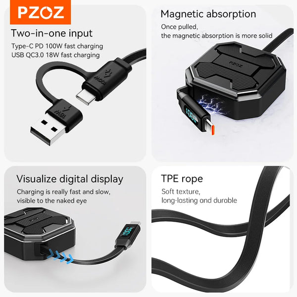 PZOZ For retractable usb c to type c lightning cable iphone xiaomi 17 pro max oneplus huawei realme charger fast charging cable
