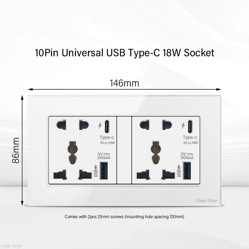 UK Standard 18W Type-C Fast Charging Universal Dual 3pin Power Outlet,White Tempered glass Wall light Switch Panel  For Home