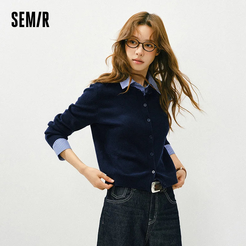 Semir Knit Cardigan Short Spring Detachable Plaid Collar Panel Versatile Office Layering Top Women 2025