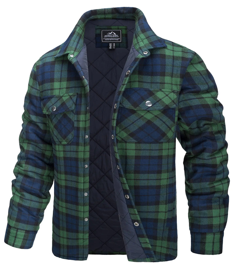 TACVASEN Winter Plaid Cotton Jackets Mens Long Sleeve Quilted Lined Flannel Shirt Jacket Multi-Pockets Outwear Hiking Coats Tops