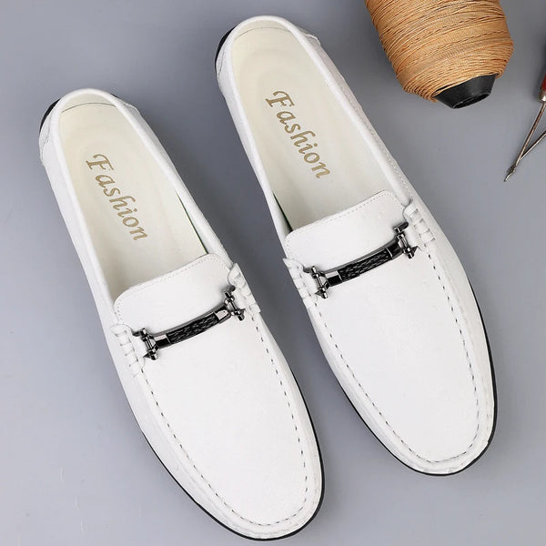 Men's Ostrich Embossed Loafers, PU Leather Slip On Driving Shoes with Metal Buckle, Orange/White/Black Casual Shoes