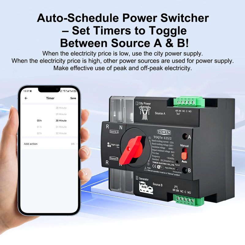 Dual Power Switch TOMZN TOQ7e 2P EWeLink Generator to City Power WIFI Automation Manual Night Light Series Timer Only 220/230V