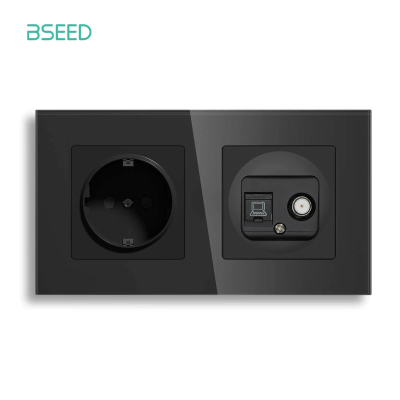 BSEED EU Standrad Wall Power Socket RJ45 Internet Socket Telephone Port Cat6 Socket Glass Panel TV Satellite Electrical Outlets