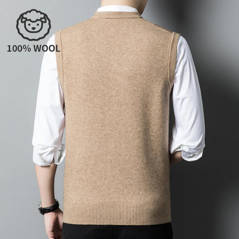 100% Wool Men's V-neck Vest, Warm for Spring and Autumn, Daily Versatile Pullover Vest.Stretchable M-4XL