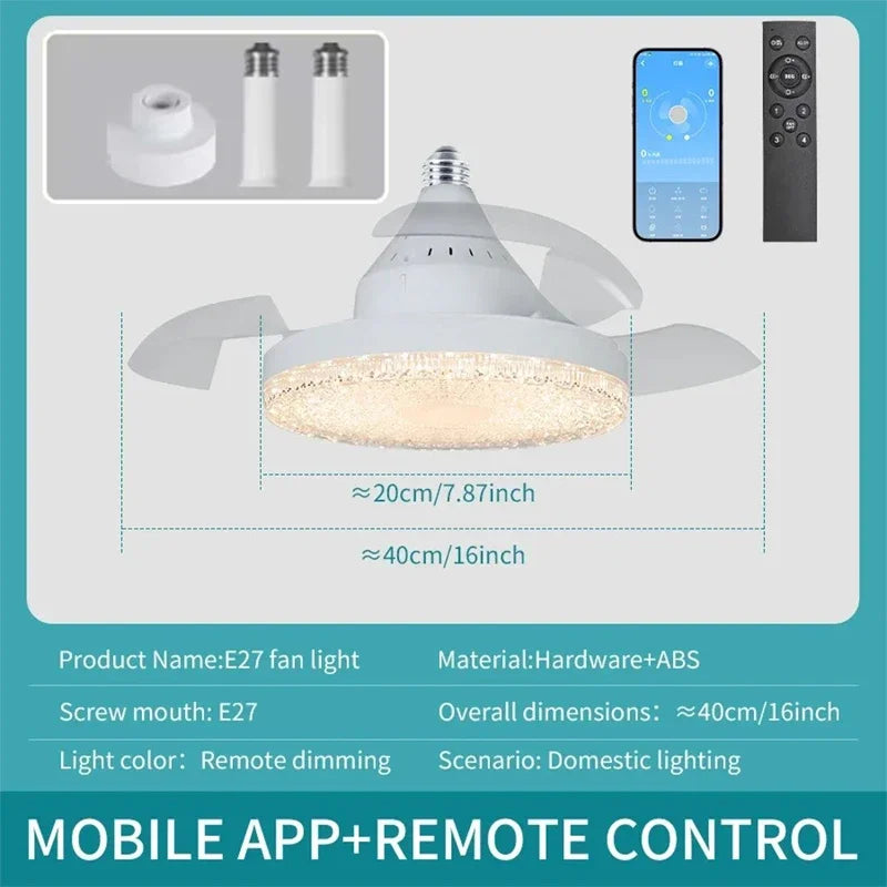 Ceiling Fan Light Crystal Lampshade Retractable Blades Fans APP and Remote Control Fans Light Modern and Simple Bedroom Lighting