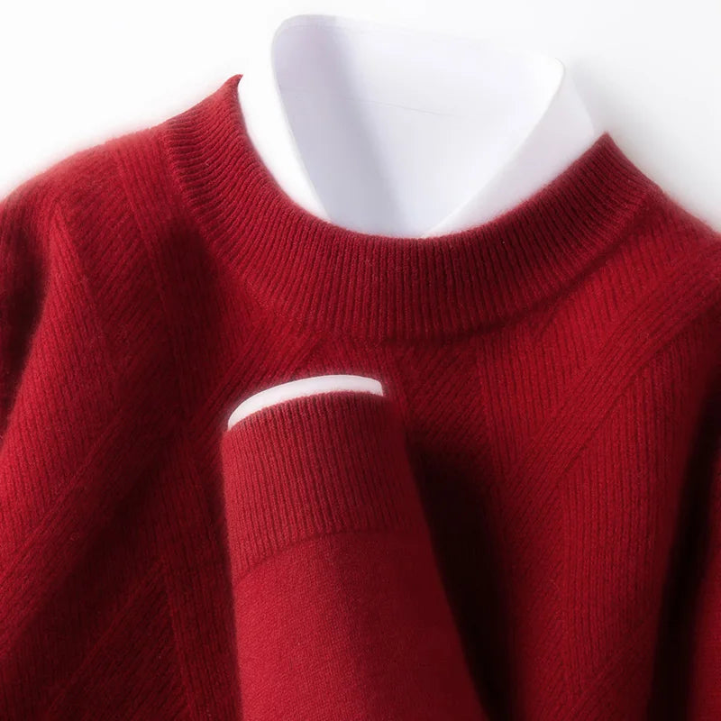100% Wool Old Money Style Sweater,  Autumn-Winter Thermal Vintage Christmas Red Knit Sweater Crew Neck Pullover