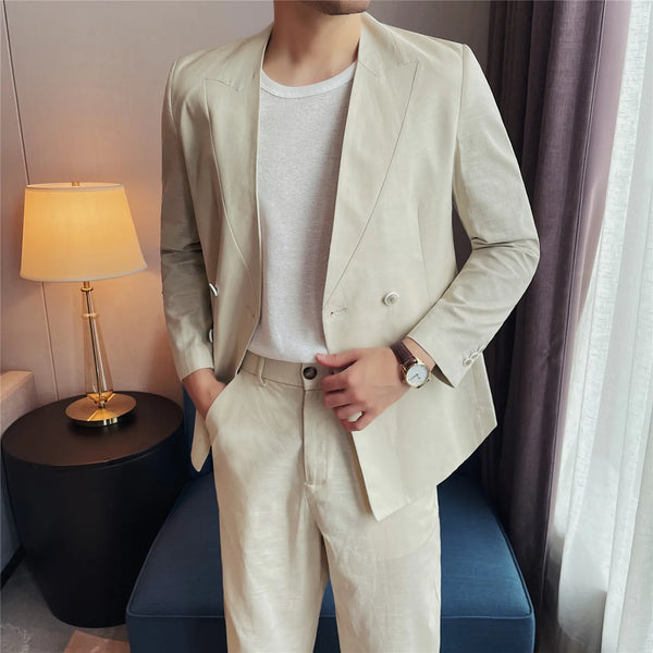 Men's Lightweight Linen45%-Cotton55% Blend Double-Breasted Suit Set – Breathable Collarless Blazer & Trousers Summer Business