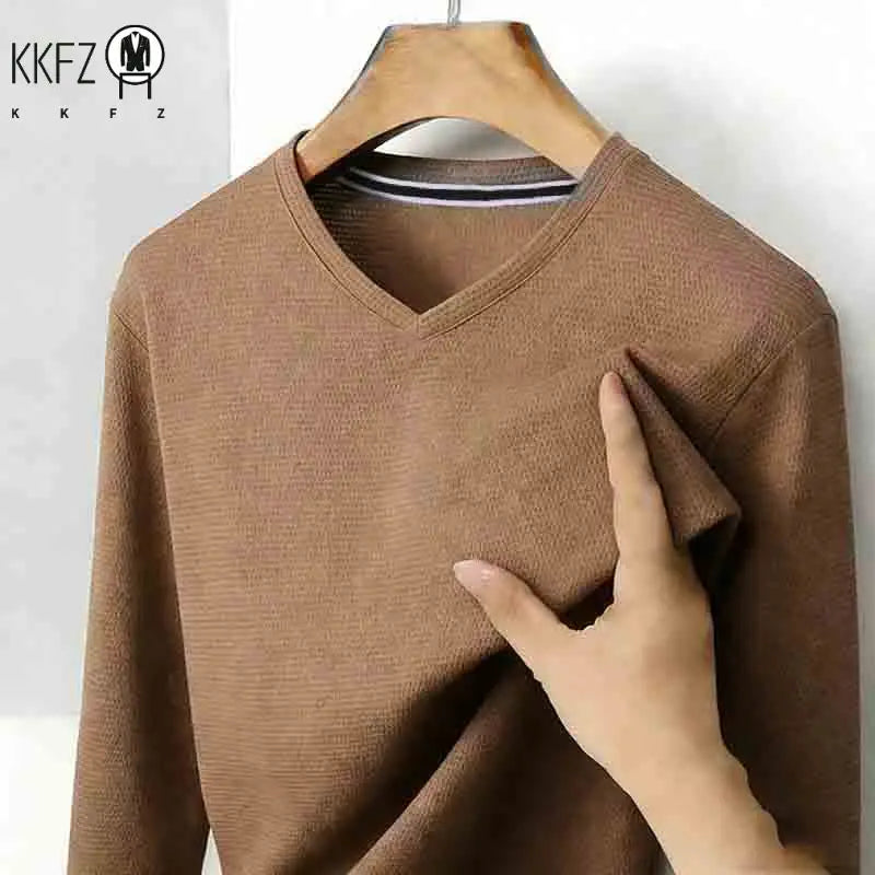 Men's Camel V-neck Long Sleeve Tee Slim Fit Soft Knit Pullover Spring & Autumn Shirt
