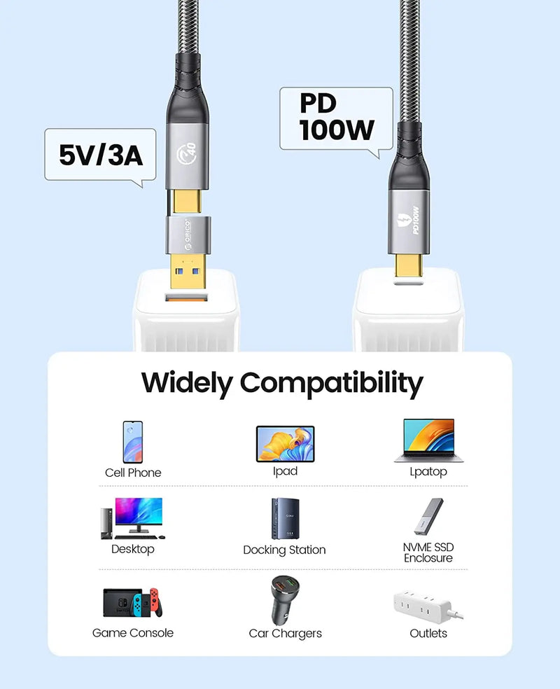 ORICO 2 In 1 40Gbps USB C Cable PD100W Fast Charger Cord 8K @60Hz HD USB 3.0 to USB C Cable for Macbook Thunderbolt 4 PS4