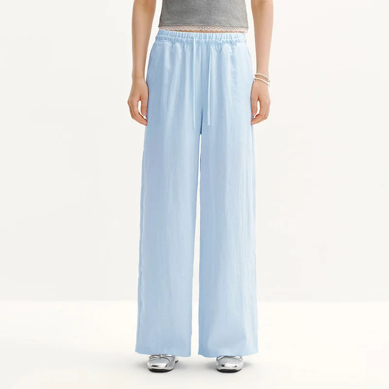 Semir Women Pants Textured 2026 Solid Ruffle Trim Elastic Waist Wide Leg Urban Casual Everyday Style Soft Comfortable