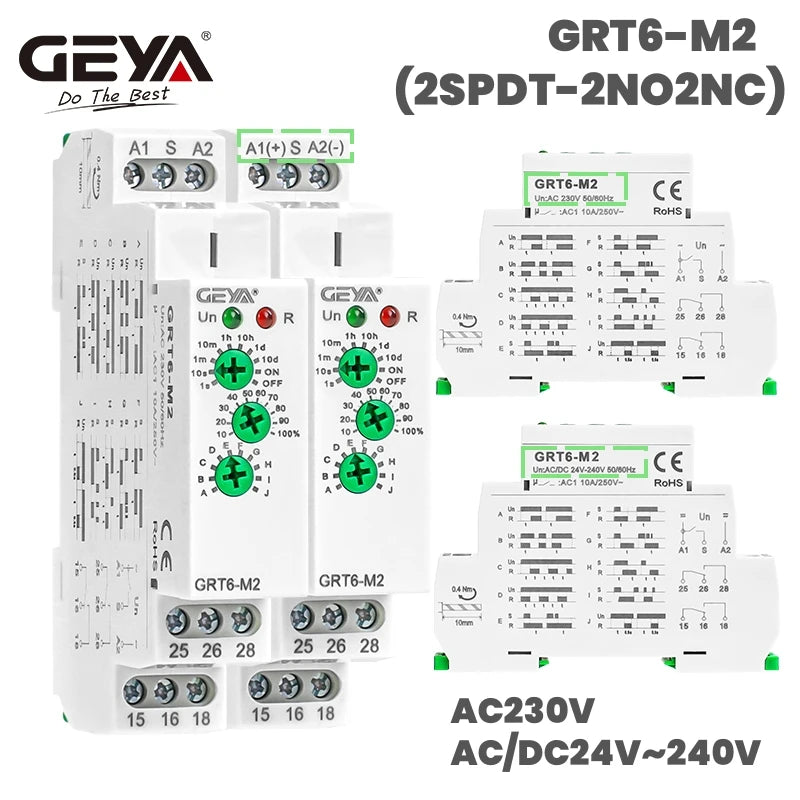 GEYA 10A Multifunction Timer Relay ACDC24~240V Din Rail 0.1s-10 Days Time Delay Relay with 10 Function Choices 220V GRT6-M