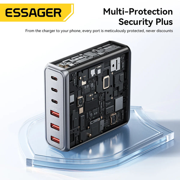 ឆ្នាំងសាក Essager 85W GaN 6 រន្ធ USB ប្រភេទ C ឆ្នាំងសាកលើតុ PD ស្ថានីយសាកថ្មលឿនសម្រាប់ iPhone 17/16/15 Samsung S24 កុំព្យូទ័រយួរដៃ iPad