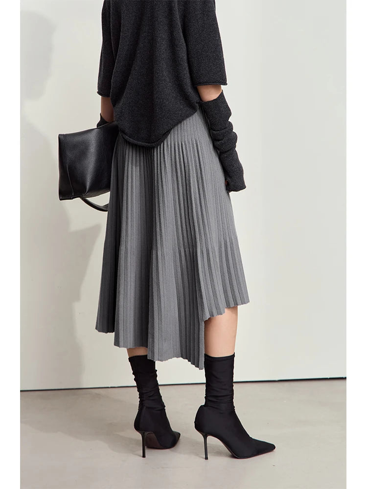 AMII Women's Minimalise Patchwork Skirts 2026 Winter Versatile A Line Pleated Irregular Female Commuter Knitted Skirt 12424047