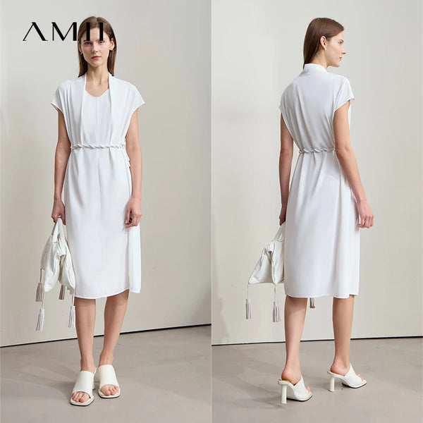 រ៉ូប AMII Minimalist Office Lady រាងផ្នត់ រដូវក្តៅ ឆ្នាំ២០២៥ ចង្កេះរលុង អាវក្រណាត់ Chiffon សម្រាប់នារី ដៃអាវធម្មតា ពណ៌ស រ៉ូប Midi 12522140