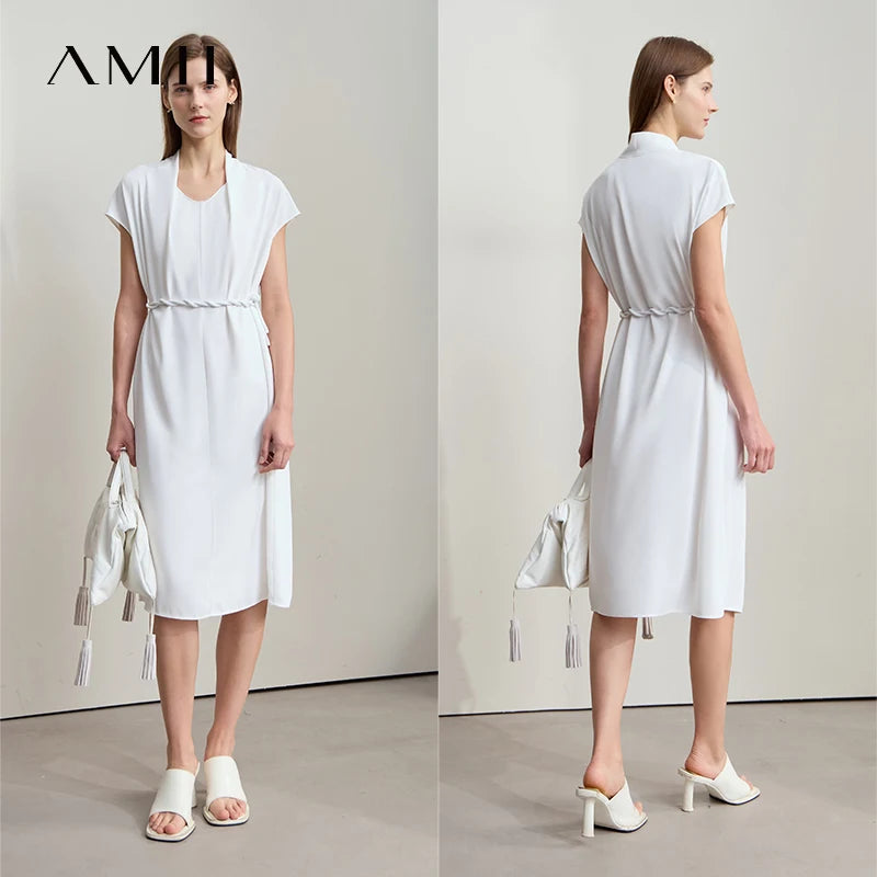 រ៉ូប AMII Minimalist Office Lady រាងផ្នត់ រដូវក្តៅ ឆ្នាំ២០២៥ ចង្កេះរលុង អាវក្រណាត់ Chiffon សម្រាប់នារី ដៃអាវធម្មតា ពណ៌ស រ៉ូប Midi 12522140