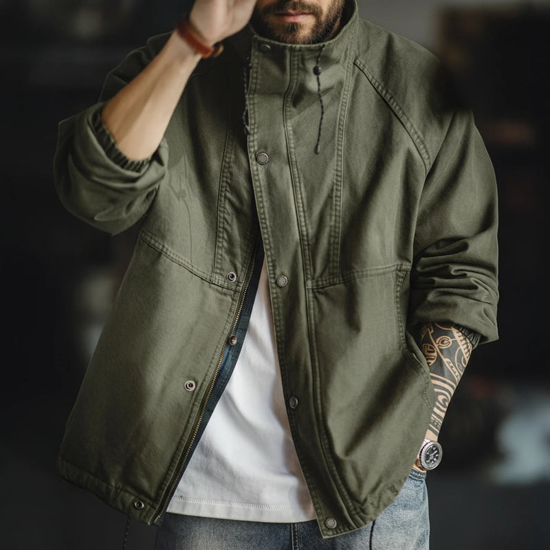 អាវធំ Maden បុរស Vintage M-65 Field Jacket ពណ៌បៃតងកប្បាស Zipper Army Coat Stand Collar Drawstring Windbreaker សម្រាប់រដូវផ្ការីក និងរដូវស្លឹកឈើជ្រុះ