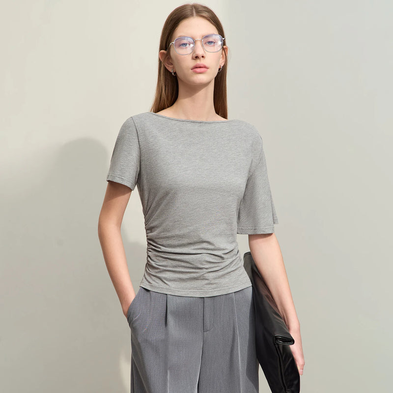 Amii Off Shoulder T-shirt 2026 Summer New Shirred Waist Asymmetric Short Sleeve Cotton Top Slim Breathable Tee Shirt 12622224