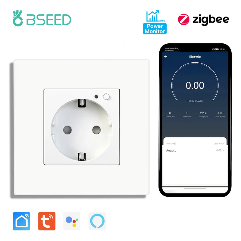 BSEED EU Standard Zigbee Wall Socket Smart Power Monitor Socket 220V 16A Plastic Panel Tuya Alexa Google Smart Life Control
